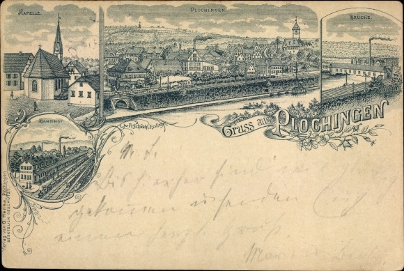 Chromo-Litho Plochingen in Baden Württemberg, chapel, train station, bridge
