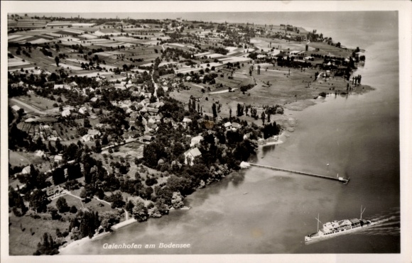 Postcard Gaienhofen on Lake Constance, aerial photograph, ship