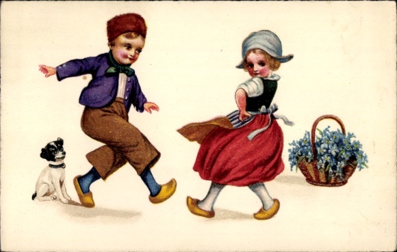 Chromo-Litho children in traditional costume dancing, forget-me-not