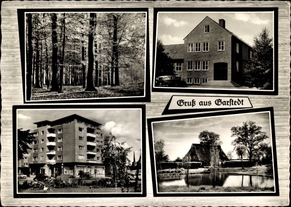 Postcard Garstedt in Lower Saxony, forest area, house, school, pond