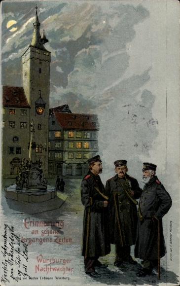 Moonlight Chromo-Litho Würzburg am Main Unterfranken, Night Watchman
