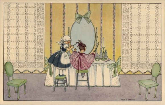 Artist Postcard Köhler, M., girl, maid, hairstyle, mirror
