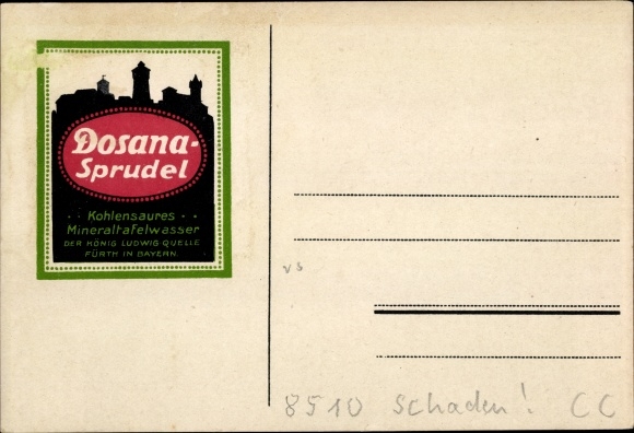 Postcard Fürth in Middle Franconia Bavaria, Dosana Sprudel, mineral table water, king Ludwig Quelle
