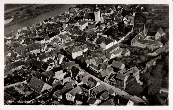 Postcard Marktheidenfeld am Main Lower Franconia, aerial view of houses, church, Main