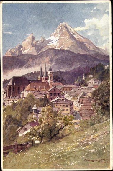 Kunstenaarskaart Compton, Edward Harrison, Berchtesgaden in Opper-Beieren, dorp met uitzicht op het landschap