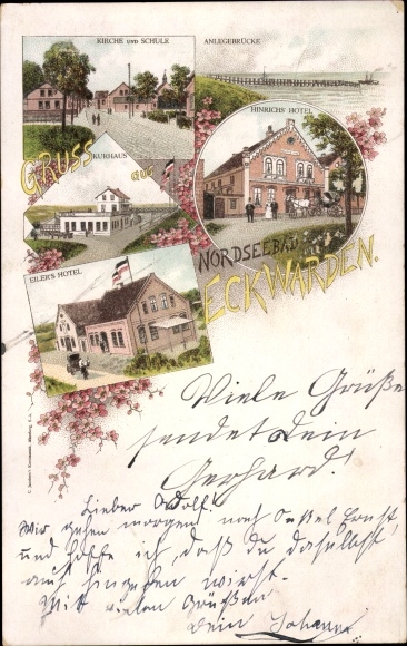 Chromo-Litho Eckwarden Butjadingen Wesermarsch, church, school, Hinrichs Hotel, Kurhaus