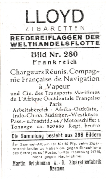 Collective picture shipping company flags of the world merchant fleet, picture 280 France, Compagnie des Chargeurs Reunis