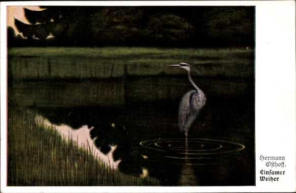 Artist PC Osthoff, Hermann, lonely pond, heron in the water