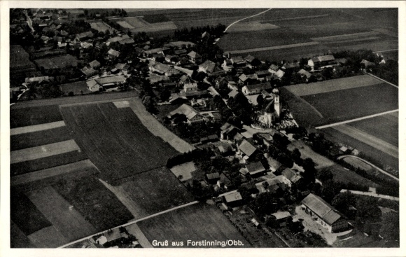 Postcard Forstinning in Upper Bavaria, aerial photograph