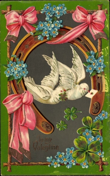 Postcard Valentine&#39;s Day, To my Valentine, doves, forget-me-nots, shamrocks, horseshoes