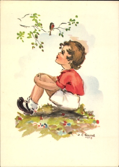 Artist Postcard Gund, Boy, Bird on the Tree