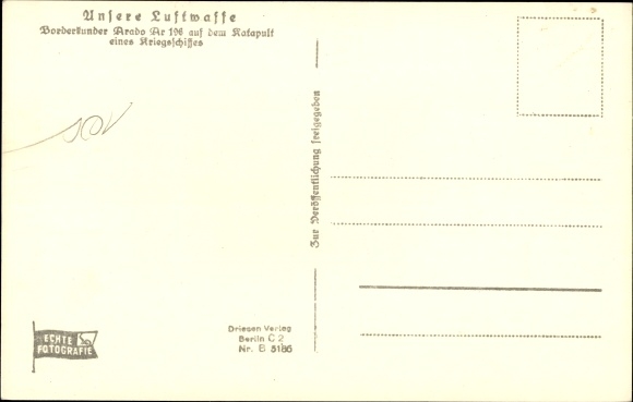 Postcard Borderkunden Arado Ar 196 on the catapult of a warship, Luftwaffe