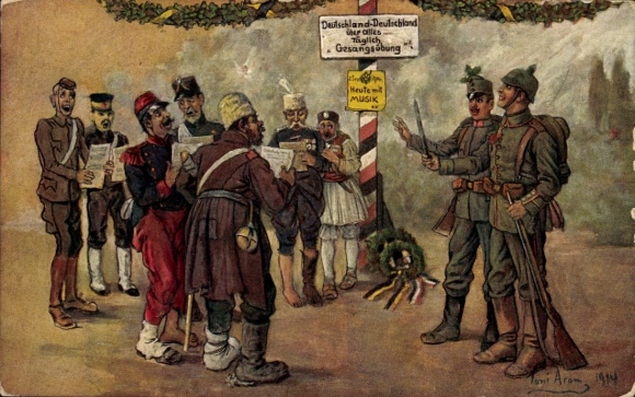 Künstler Ak Aram, Toni, Deutschland über alles, Gesangsübung mit Kriegsgefangenen, 1914