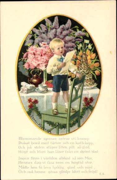 Artist PC Nyström, J., Singing boy, chair, table, flowers