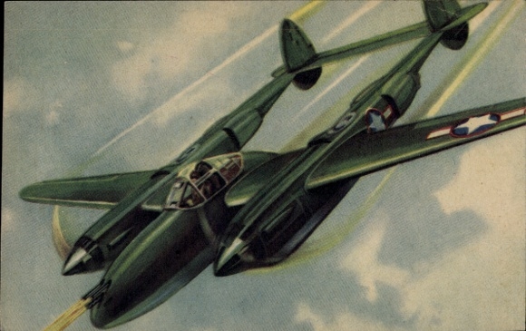 Postcard American fighter aircraft, Lockeed Lightning Chasseur