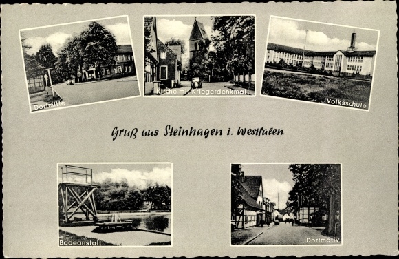 KP Steinhagen w Westfalii, centrum wsi, kościół, pomnik wojenny, szkoła podstawowa, łaźnia publiczna