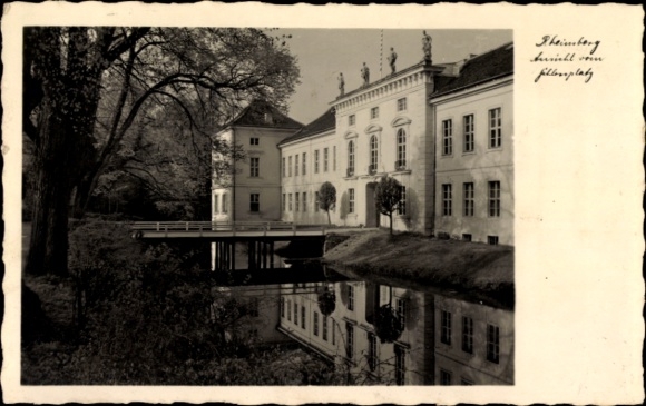 Postcard Rheinsberg in der Mark, old building, waterway, trees, black and white photography, reflection in