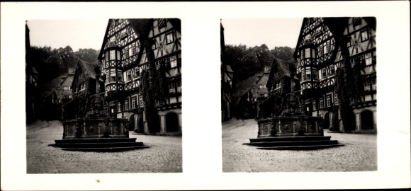 Stereo photo Miltenberg in Lower Franconia Bavaria, half-timbered houses, fountain