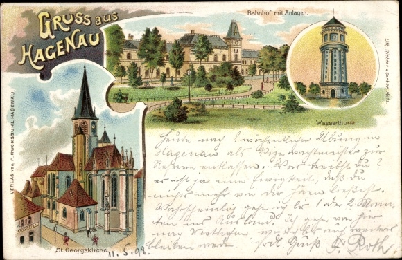 Chromo-Litho Haguenau Haguenau in Alsace Bas Rhin, train station, facilities, St. George's Church, water tower
