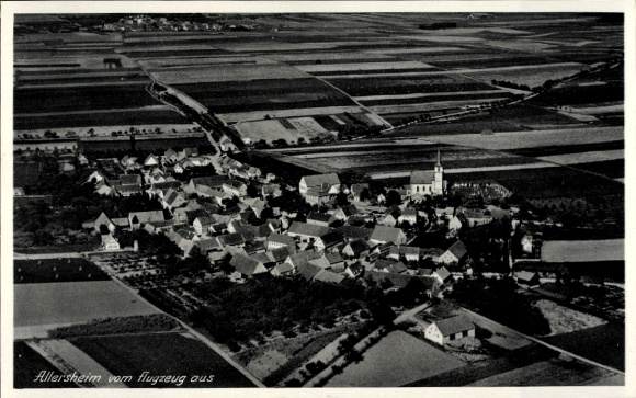 Postcard Allersheim Giebelstadt in Lower Franconia, aerial view of many houses, church, rural surroundings