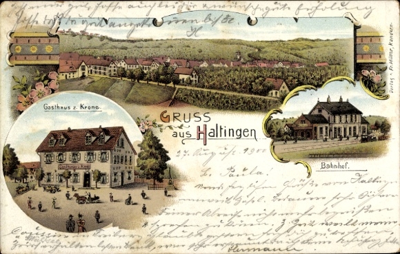 Litho Haltingen Weil am Rhein, Gesamtansicht, Gasthaus zur Krone, Bahnhof