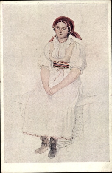 Artist Postcard Manes, J., Woman in Slovak costume, Zena z Kubre