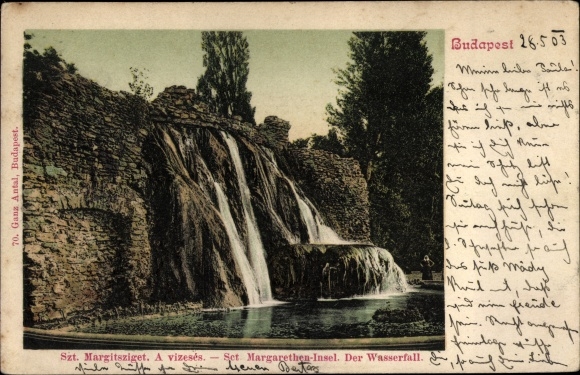 Postcard Budapest Hungary, Margaret Island, waterfall