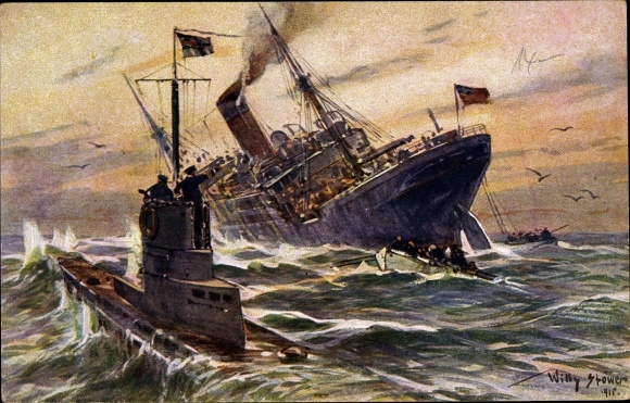 Artist PC Stöwer, Willy, Destruction of an English merchant steamer by a German U-boat