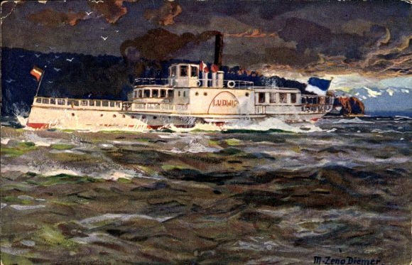 Artist PC Diemer, Z., Lake Starnberg, saloon steamer Ludwig during a thunderstorm