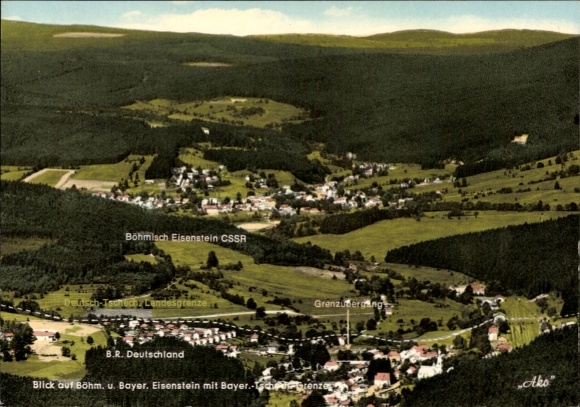 Postcard Bayerisch Eisenstein, view from the large Arber, Bohemian Eisenstein, border
