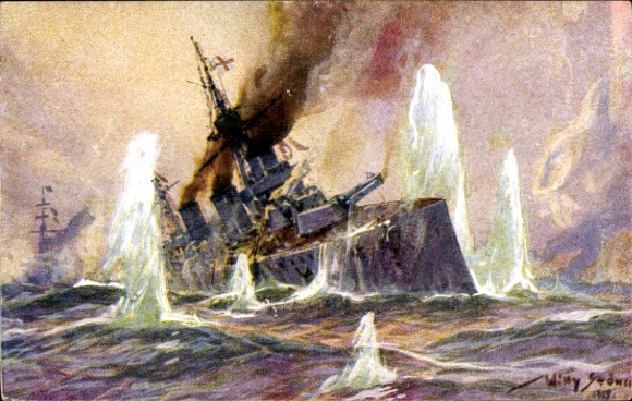 Artist Postcard Stöwer, Willy, Naval Battle North Sea 1915, English Battlecruiser, German Cruisers