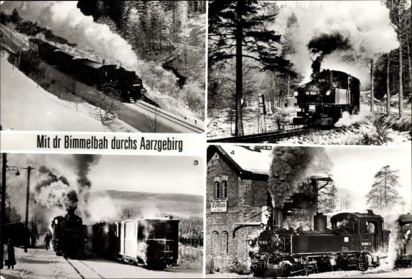 Postcard steam locomotives in the Ore Mountains, Hammerunterwiesenthal, Niederschmiedeberg, Steinbach, Kretscham