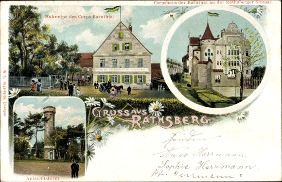 Studentika Ak Rathsberg Marloffstein in Midden-Franken Beieren, Corpshaus der Baruthia, uitkijktoren