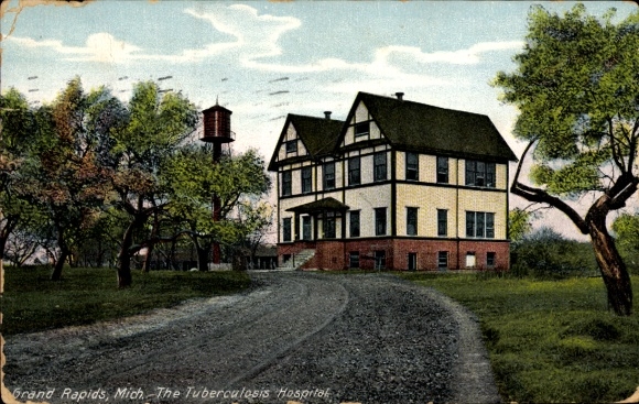 Ak Grand Rapids Michigan USA, Tuberculose Ziekenhuis, oude architectuur, bomenlandschap