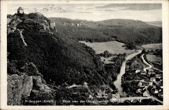 Postcard Nideggen in the Eifel, view from the Christinenley, landscape with river and houses