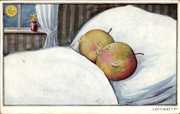 Postcard Humanized Apples in Bed