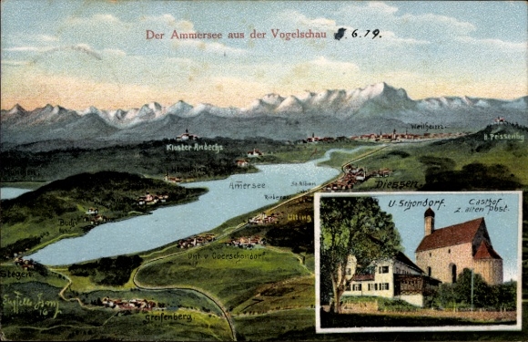 Artist Postcard Felle, Unterschondorf Schondorf am Ammersee Upper Bavaria, Panorama, Gasthof zur alten Post