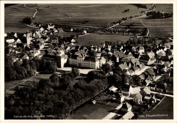 Postcard Bad Wurzach in Upper Swabia, aerial view of the Salvatorkolleg, rural surroundings, black and white