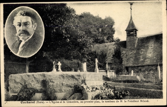 Postcard Cocherel Eure, The Church and the Cemetery. the Tomb of President Briand