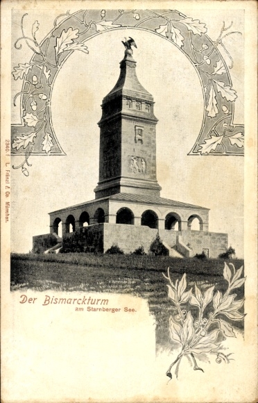 Postcard Starnberg am Starnberger See Upper Bavaria, Bismarck Tower, monumental building, decorative border