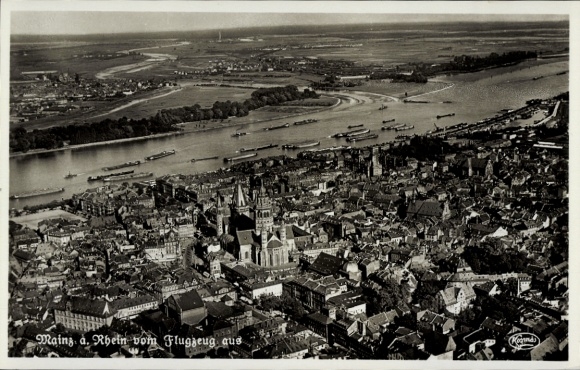 Postcard Mainz am Rhein, aerial view of the Rhine, city view, ships on the Rhine