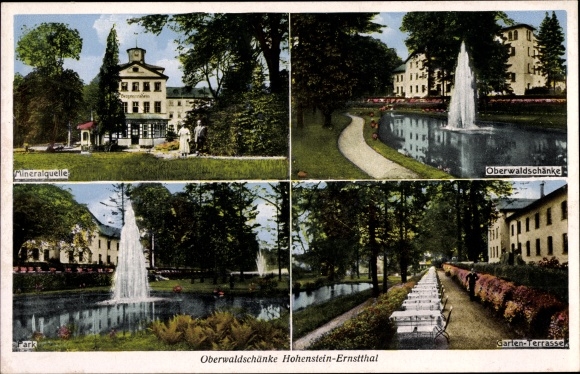 Ak Hohenstein Ernstthal in Sachsen, Oberwaldschänke, Park, Terrasse, Mineralquelle, Springbrunnen