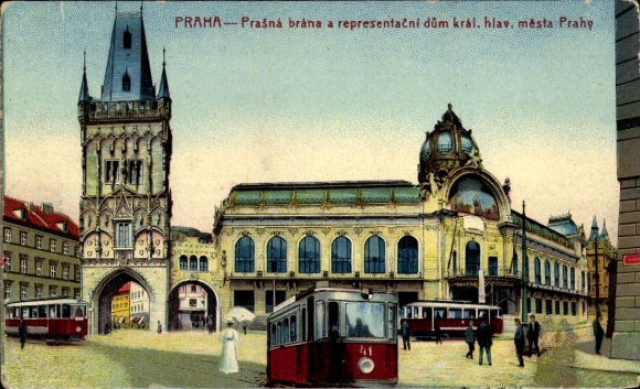 Postcard Praha Prague, Powder Tower, House of the Royal Capital, Trams