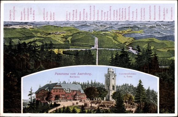 PC Wildenthal Eibenstock in the Erzgebirge, panorama from Auersberg, accommodation house and tower, Max Teller