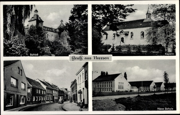 Postcard Neersen Willich Westfalen, chapel, castle, new school, street section