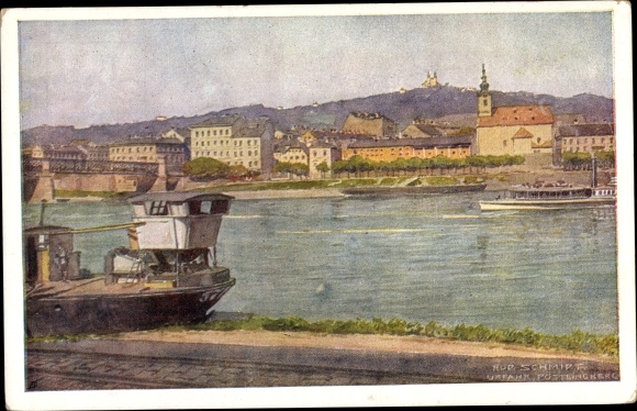 Künstler Ak Schmidt, Rud., Urfahr Linz in Oberösterreich, Pöstlingberg, Donaupartie, Salondampfer