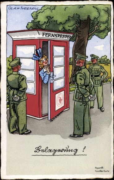 Künstler Ak Iversen, Soldatenhumor, Belagerung, Soldaten, Frau in Telefonzelle