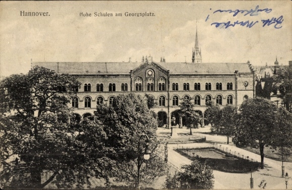 Ak Hannover,  Hohe Schulen am Georgsplatz, Bäume, Teich,  Architektur