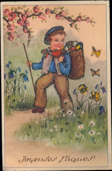 Glitter Postcard Congratulations Easter, Young Man, Easter Eggs, Butterflies