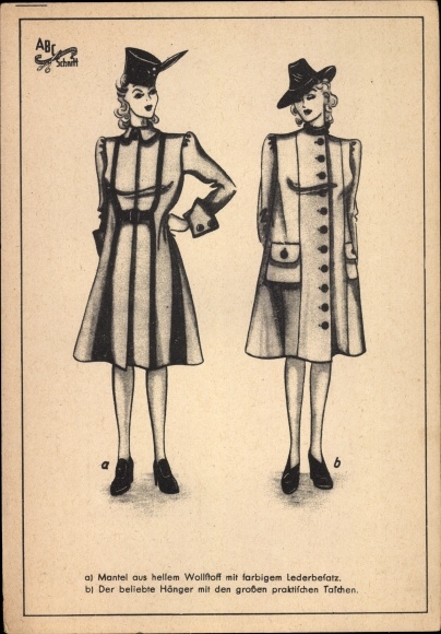 Postcard women&#39;s coats, pattern ABC cut, coat with leather trim, hanger with large pockets